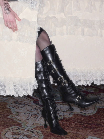 Strapped Heavy Metal Buckle Stiletto Heels Oblique Toe Knee-High Leather Boots【s0000018145】