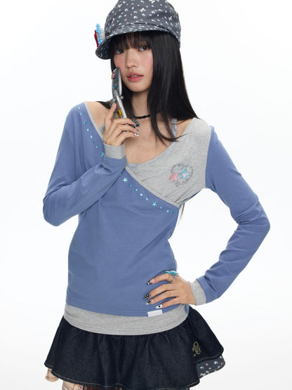 Diagonal Collar Large Neckline Base Layer Long-Sleeve T-Shirt【s0000018460】