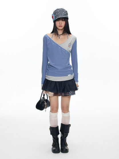 Diagonal Collar Large Neckline Base Layer Long-Sleeve T-Shirt【s0000018460】