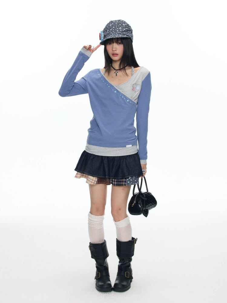 Diagonal Collar Large Neckline Base Layer Long-Sleeve T-Shirt【s0000018460】