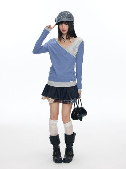 Diagonal Collar Large Neckline Base Layer Long-Sleeve T-Shirt【s0000018460】