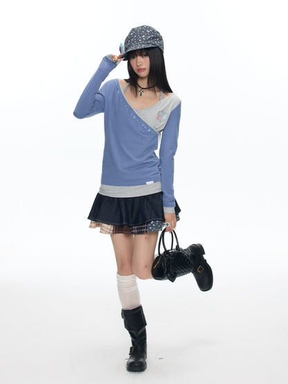 Diagonal Collar Large Neckline Base Layer Long-Sleeve T-Shirt【s0000018460】