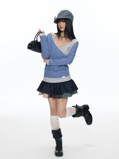 Diagonal Collar Large Neckline Base Layer Long-Sleeve T-Shirt【s0000018460】