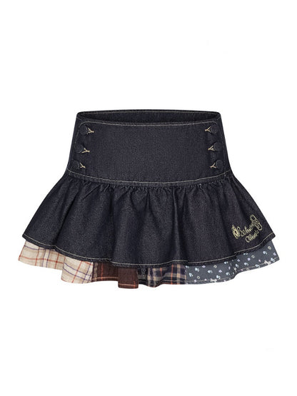 Double-Breasted Patchwork Denim Cake Midi Skirt【s0000018462】