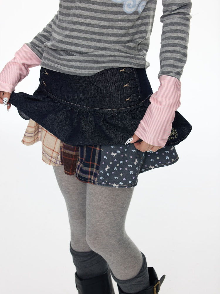 Double-Breasted Patchwork Denim Cake Midi Skirt【s0000018462】