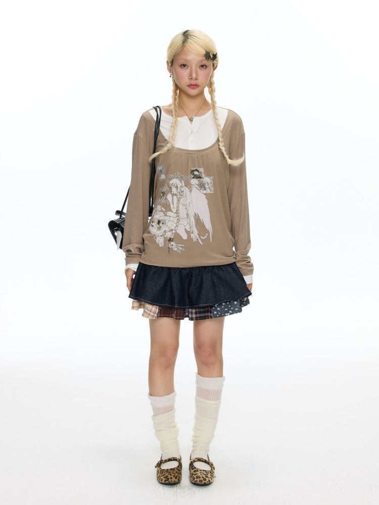 Double-Breasted Patchwork Denim Cake Midi Skirt【s0000018462】