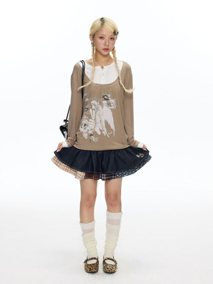 Double-Breasted Patchwork Denim Cake Midi Skirt【s0000018462】