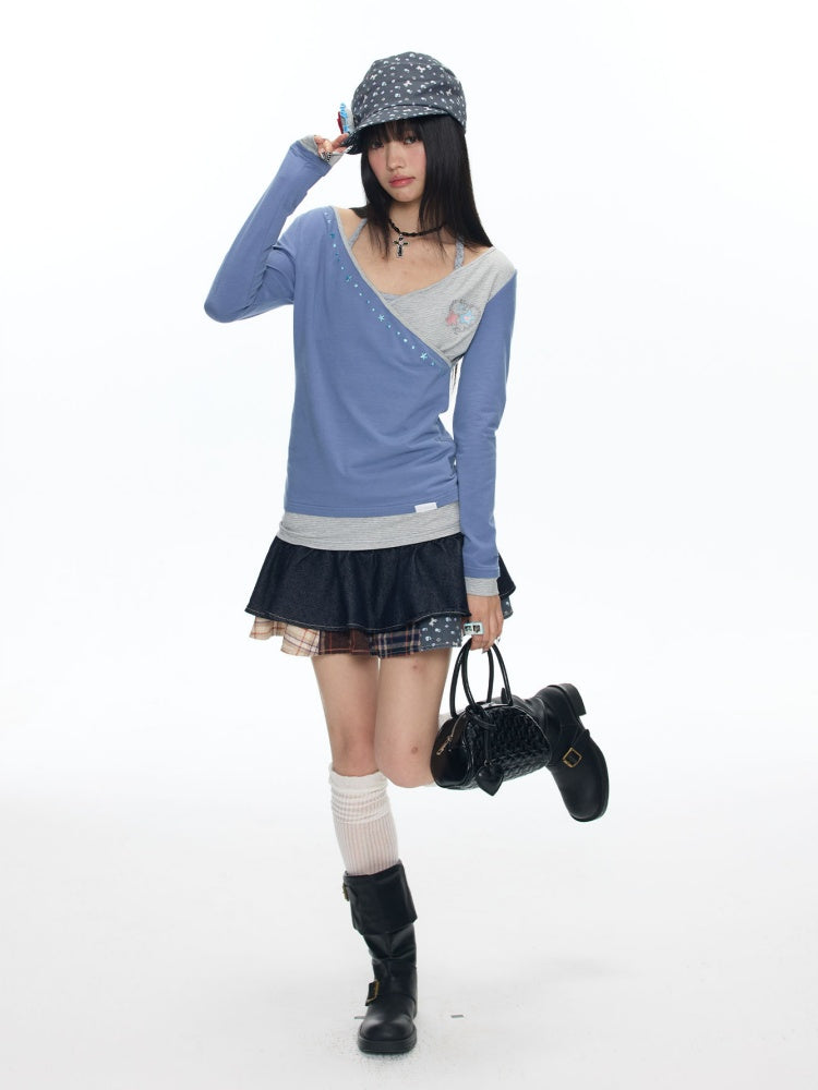 Double-Breasted Patchwork Denim Cake Midi Skirt【s0000018462】