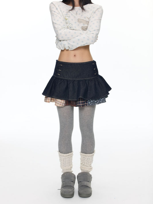 Double-Breasted Patchwork Denim Cake Midi Skirt【s0000018462】