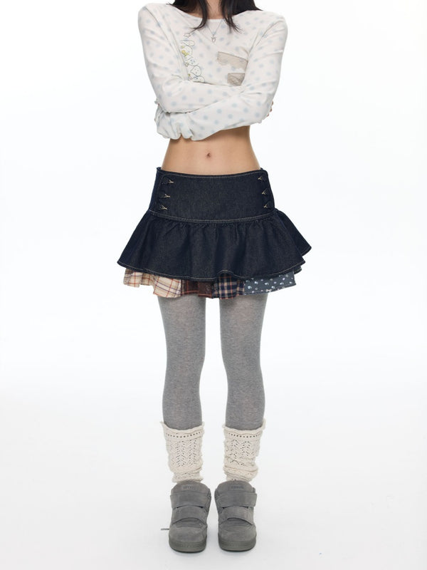 Double-Breasted Patchwork Denim Cake Midi Skirt【s0000018462】
