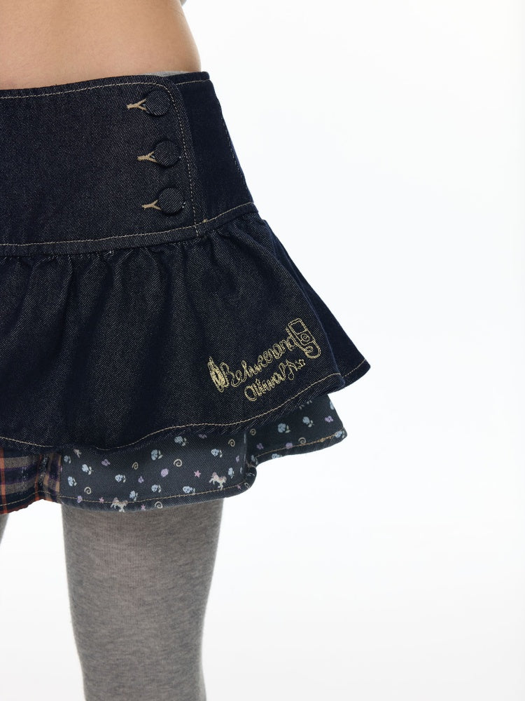 Double-Breasted Patchwork Denim Cake Midi Skirt【s0000018462】
