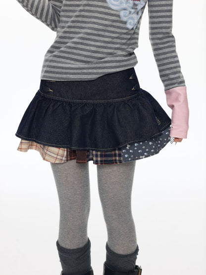 Double-Breasted Patchwork Denim Cake Midi Skirt【s0000018462】