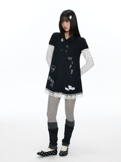 Antique Doll-Style Double-Breasted Doll-Collar Black Dress【s0000018464】