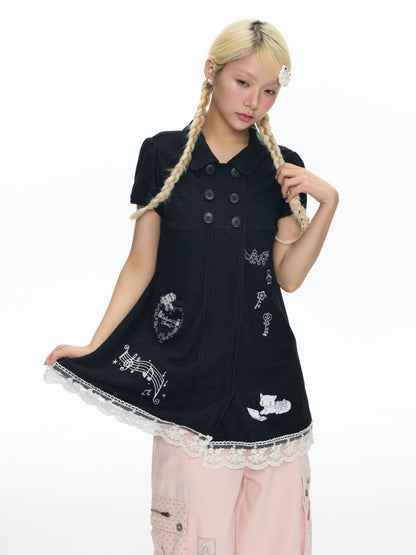 Antique Doll-Style Double-Breasted Doll-Collar Black Dress【s0000018464】