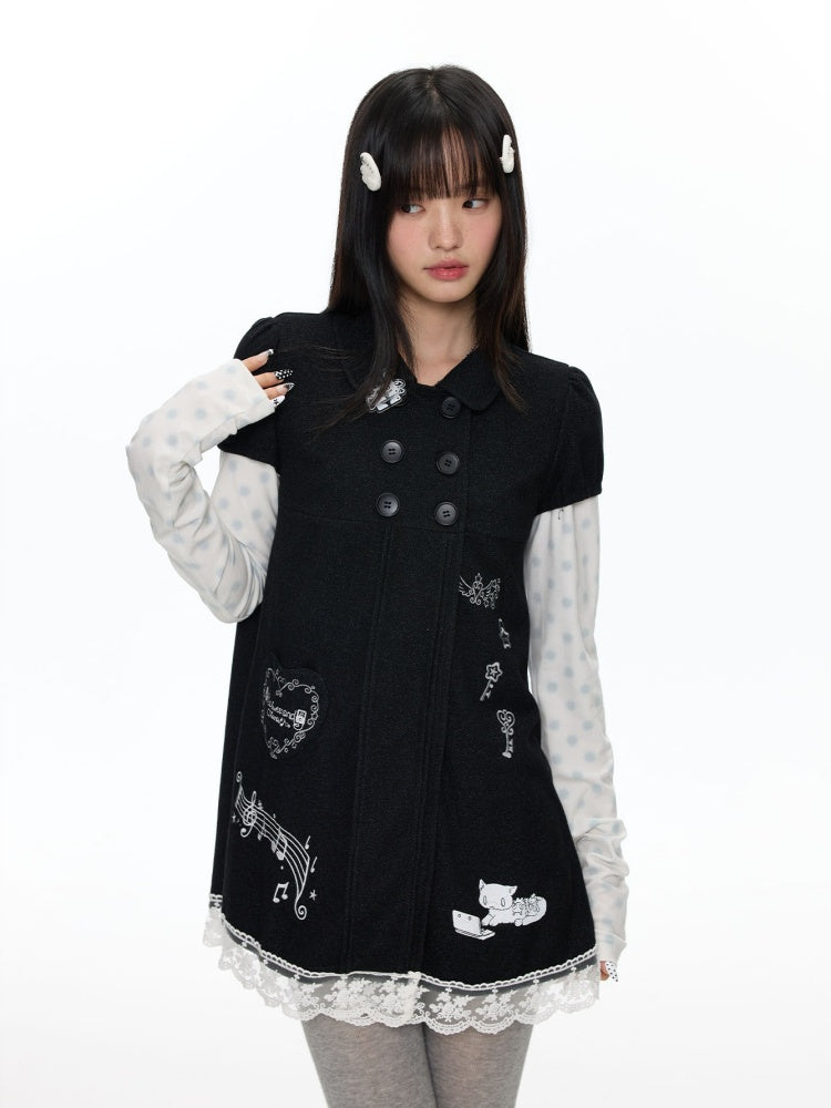 Antique Doll-Style Double-Breasted Doll-Collar Black Dress【s0000018464】
