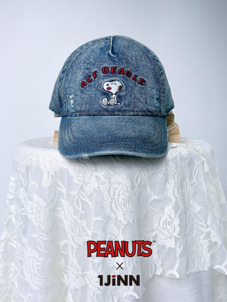 1JINN STUDIO x Snoopy Collaboration Vintage Washed Worn Sticker Embroidered Denim Baseball Cap【s0000018146】