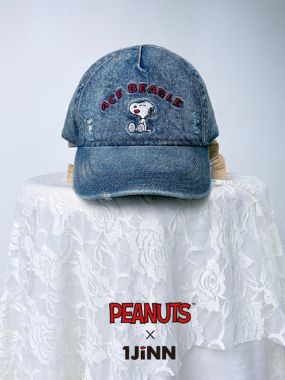 1JINN STUDIO x Snoopy Collaboration Vintage Washed Worn Sticker Embroidered Denim Baseball Cap【s0000018146】
