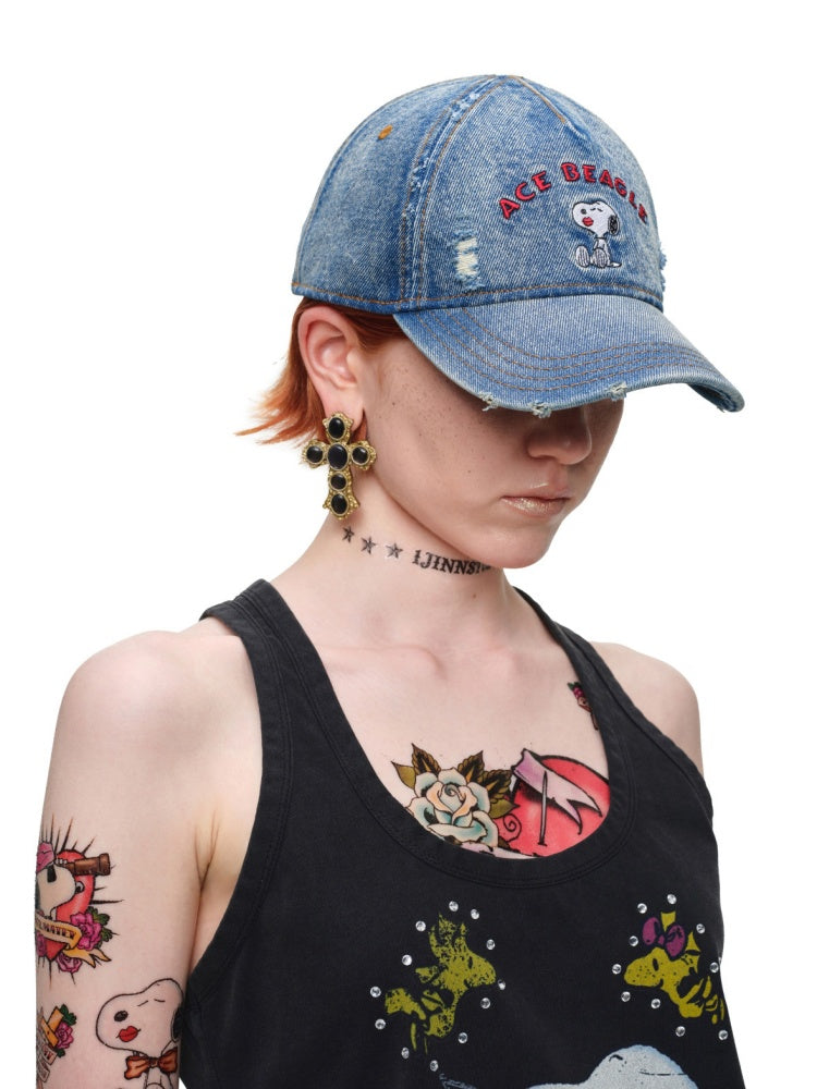 1JINN STUDIO x Snoopy Collaboration Vintage Washed Worn Sticker Embroidered Denim Baseball Cap【s0000018146】