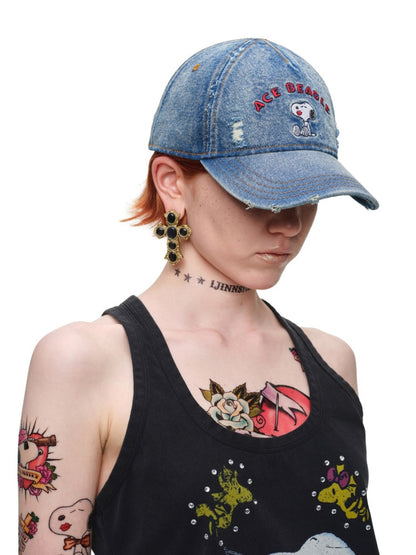 1JINN STUDIO x Snoopy Collaboration Vintage Washed Worn Sticker Embroidered Denim Baseball Cap【s0000018146】