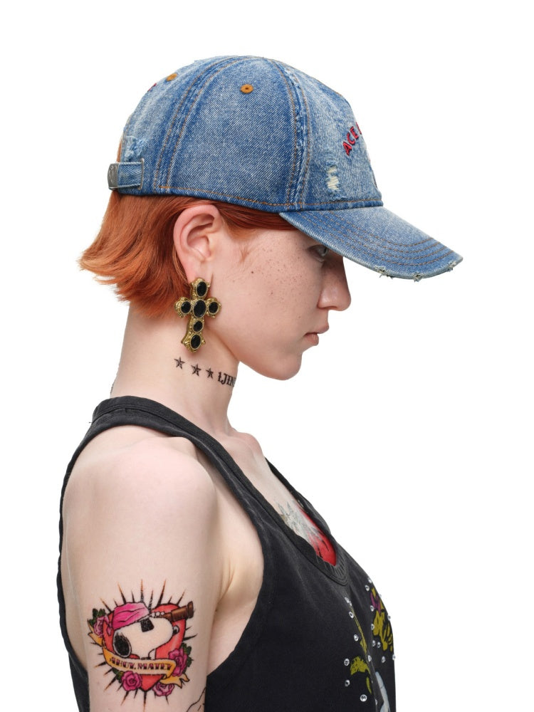 1JINN STUDIO x Snoopy Collaboration Vintage Washed Worn Sticker Embroidered Denim Baseball Cap【s0000018146】