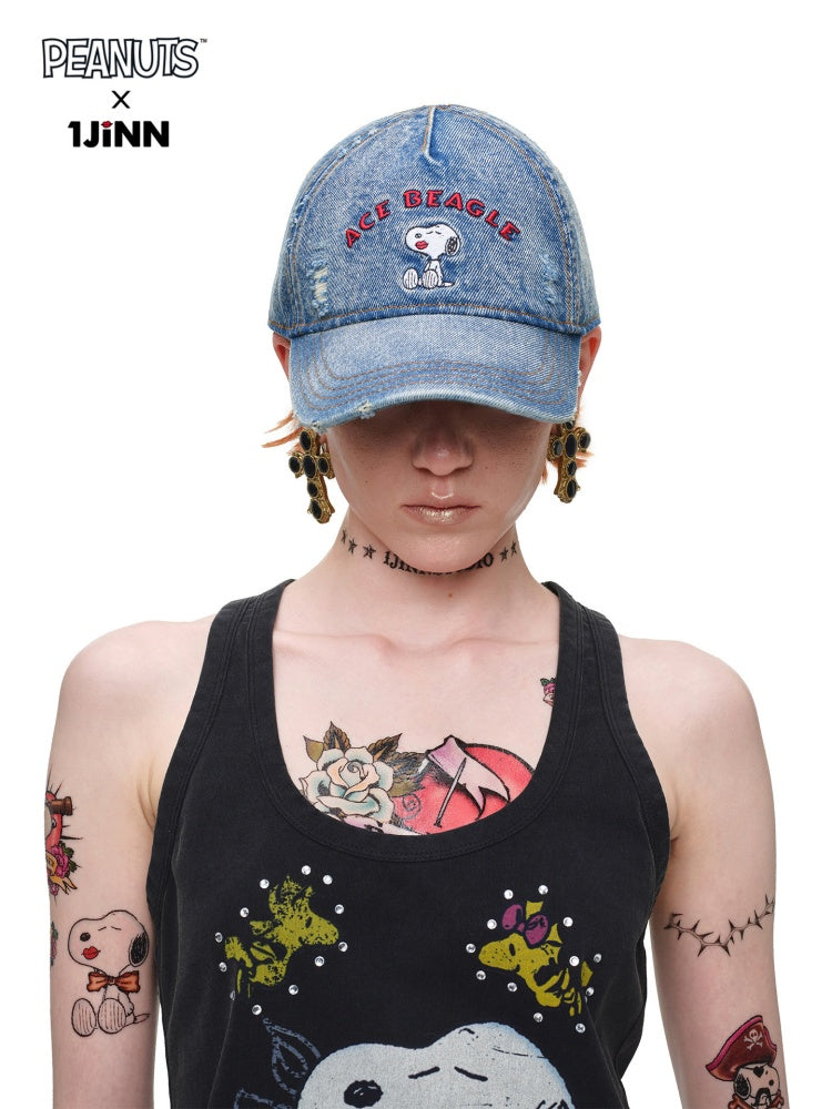 1JINN STUDIO x Snoopy Collaboration Vintage Washed Worn Sticker Embroidered Denim Baseball Cap【s0000018146】