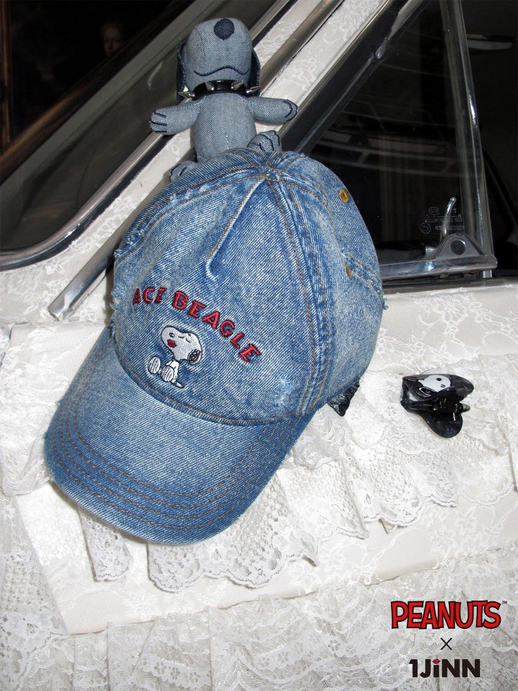 1JINN STUDIO x Snoopy Collaboration Vintage Washed Worn Sticker Embroidered Denim Baseball Cap【s0000018146】