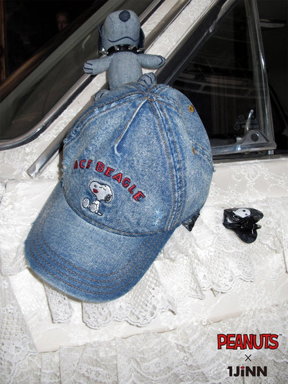 1JINN STUDIO x Snoopy Collaboration Vintage Washed Worn Sticker Embroidered Denim Baseball Cap【s0000018146】