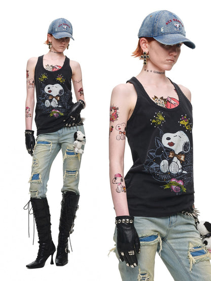 1JINN STUDIO x Snoopy Collaboration Vintage Washed Worn Sticker Embroidered Denim Baseball Cap【s0000018146】