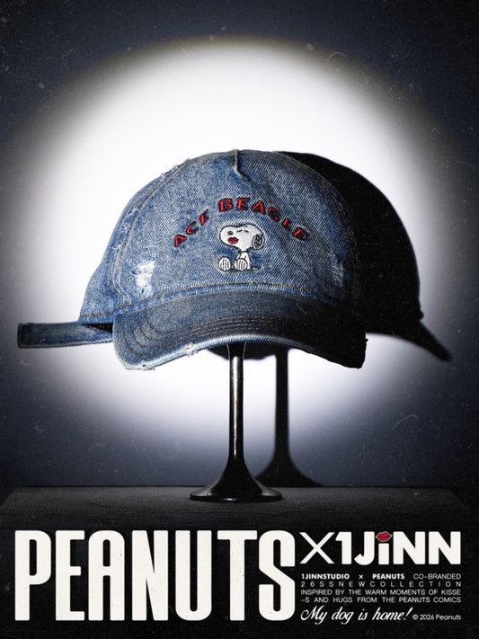 1JINN STUDIO x Snoopy Collaboration Vintage Washed Worn Sticker Embroidered Denim Baseball Cap【s0000018146】