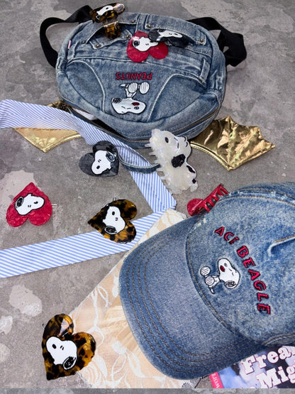 1JINN STUDIO x Snoopy Collaboration Vintage Washed Worn Sticker Embroidered Denim Baseball Cap【s0000018146】
