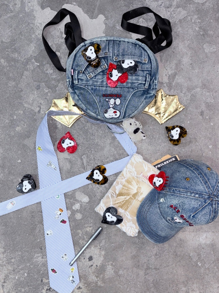 1JINN STUDIO x Snoopy Collaboration Vintage Washed Worn Sticker Embroidered Denim Baseball Cap【s0000018146】