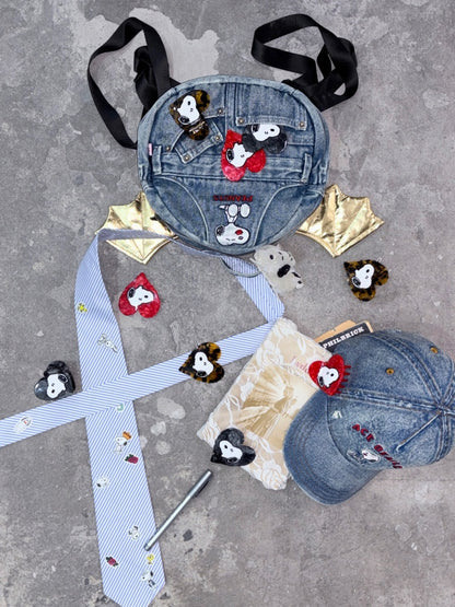 1JINN STUDIO x Snoopy Collaboration Vintage Washed Worn Sticker Embroidered Denim Baseball Cap【s0000018146】
