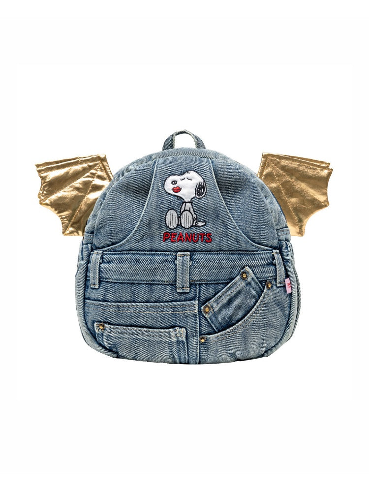 1JINNSTUDIO x Snoopy Collaboration Vintage Washed Appliqué Embroidered Detachable Small Wing Denim Backpack【s0000018147】
