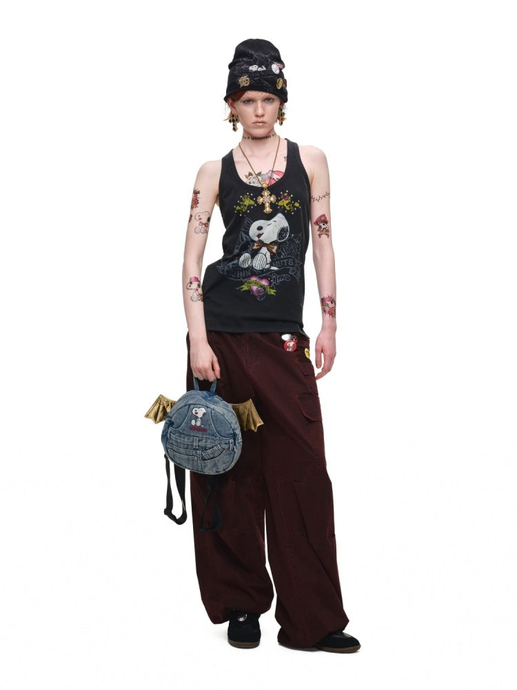 1JINNSTUDIO x Snoopy Collaboration Vintage Washed Appliqué Embroidered Detachable Small Wing Denim Backpack【s0000018147】