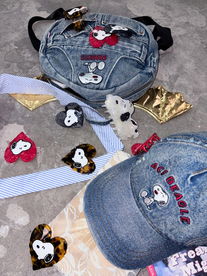 1JINNSTUDIO x Snoopy Collaboration Vintage Washed Appliqué Embroidered Detachable Small Wing Denim Backpack【s0000018147】
