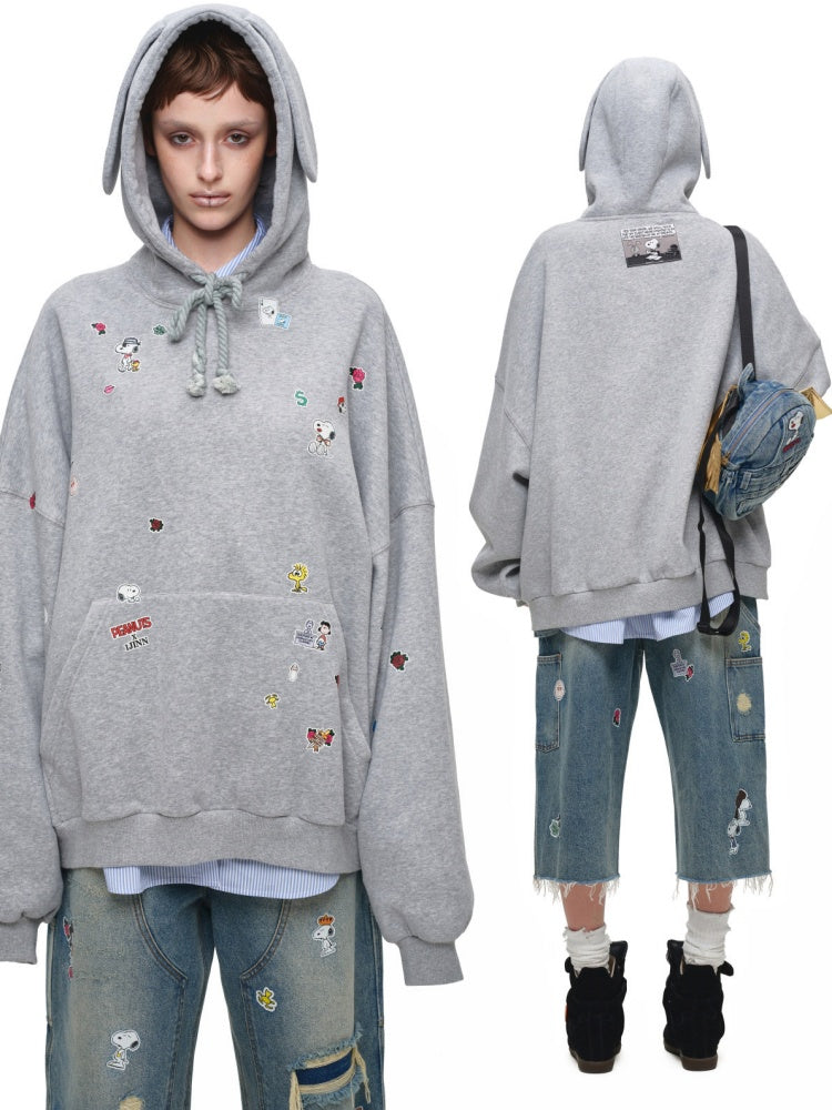 1JINNSTUDIO x Snoopy Collaboration Vintage Washed Appliqué Embroidered Detachable Small Wing Denim Backpack【s0000018147】