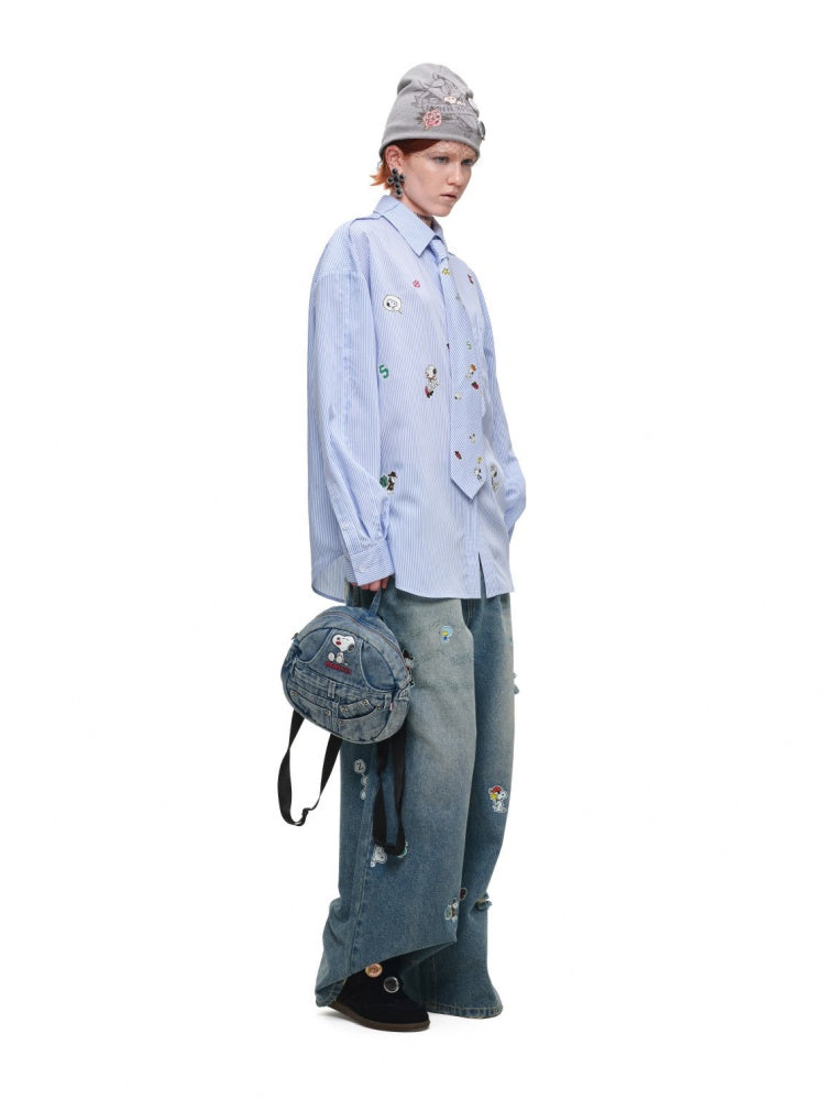 1JINNSTUDIO x Snoopy Collaboration Vintage Washed Appliqué Embroidered Detachable Small Wing Denim Backpack【s0000018147】