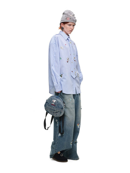 1JINNSTUDIO x Snoopy Collaboration Vintage Washed Appliqué Embroidered Detachable Small Wing Denim Backpack【s0000018147】