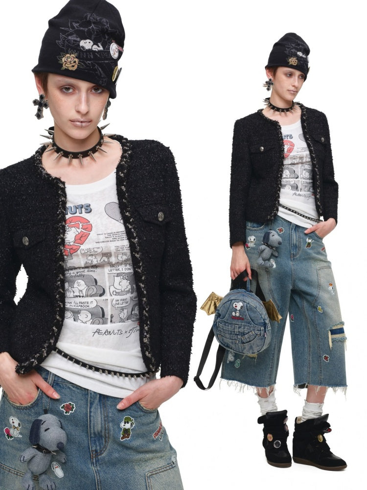 1JINNSTUDIO x Snoopy Collaboration Vintage Washed Appliqué Embroidered Detachable Small Wing Denim Backpack【s0000018147】