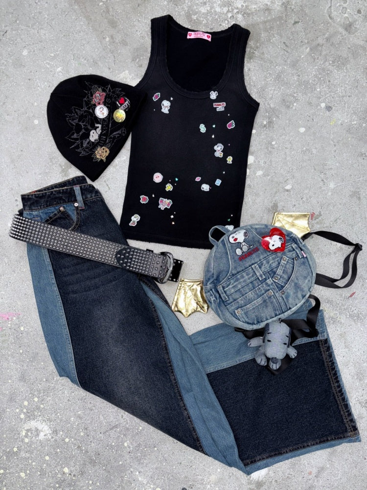 1JINNSTUDIO x Snoopy Collaboration Vintage Washed Appliqué Embroidered Detachable Small Wing Denim Backpack【s0000018147】