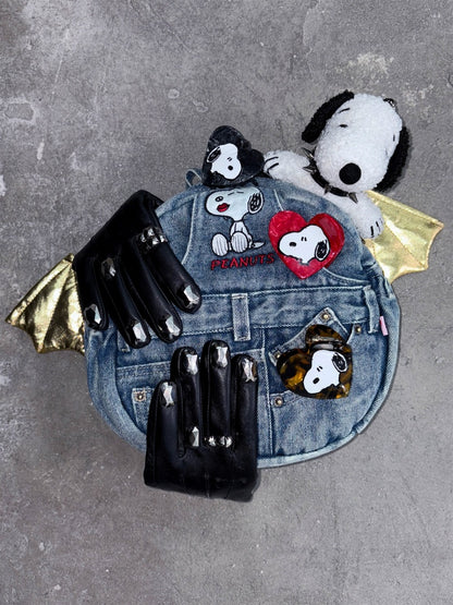 1JINNSTUDIO x Snoopy Collaboration Vintage Washed Appliqué Embroidered Detachable Small Wing Denim Backpack【s0000018147】