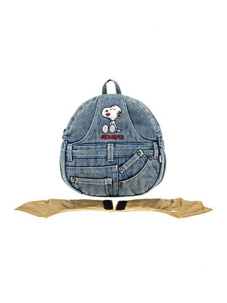 1JINNSTUDIO x Snoopy Collaboration Vintage Washed Appliqué Embroidered Detachable Small Wing Denim Backpack【s0000018147】