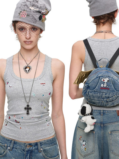 1JINNSTUDIO x Snoopy Collaboration Vintage Washed Appliqué Embroidered Detachable Small Wing Denim Backpack【s0000018147】