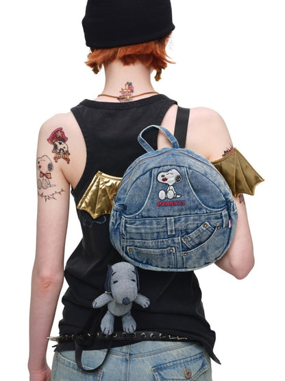 1JINNSTUDIO x Snoopy Collaboration Vintage Washed Appliqué Embroidered Detachable Small Wing Denim Backpack【s0000018147】