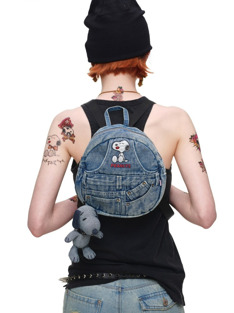 1JINNSTUDIO x Snoopy Collaboration Vintage Washed Appliqué Embroidered Detachable Small Wing Denim Backpack【s0000018147】