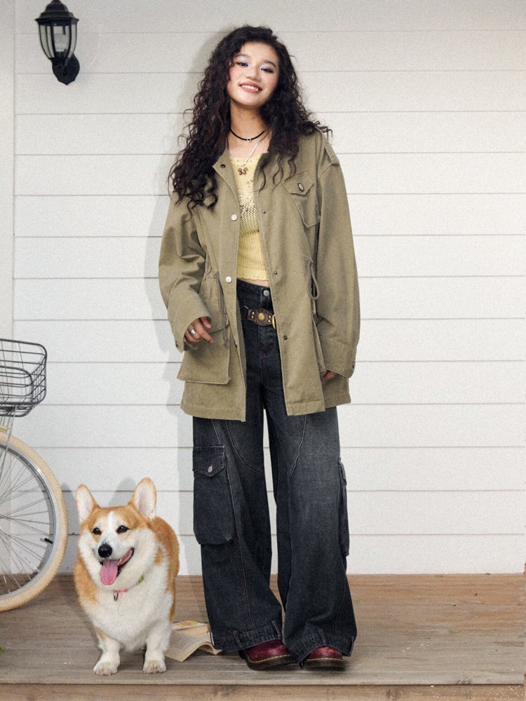 Cotton Mid-Length Loose Drop Shoulder Vintage Washed Casual Workwear Jacket【s0000018572】