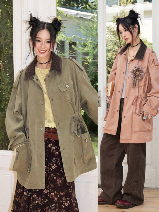 Cotton Mid-Length Loose Drop Shoulder Vintage Washed Casual Workwear Jacket【s0000018572】