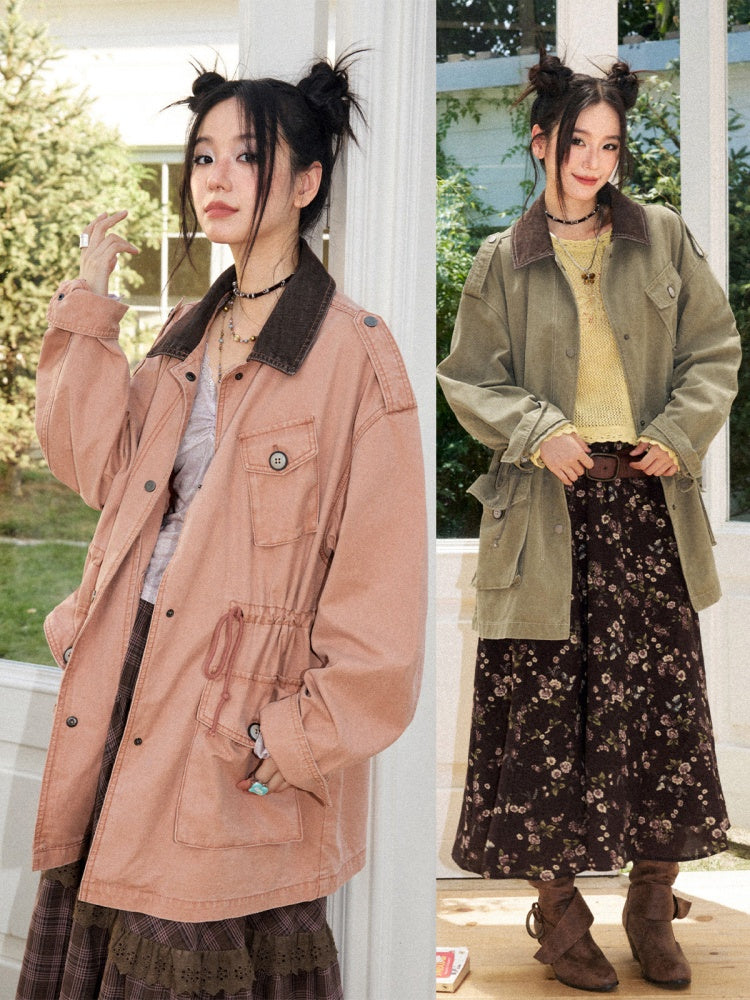 Cotton Mid-Length Loose Drop Shoulder Vintage Washed Casual Workwear Jacket【s0000018572】
