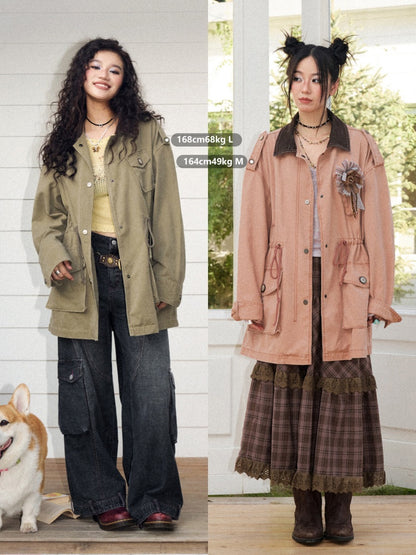 Cotton Mid-Length Loose Drop Shoulder Vintage Washed Casual Workwear Jacket【s0000018572】