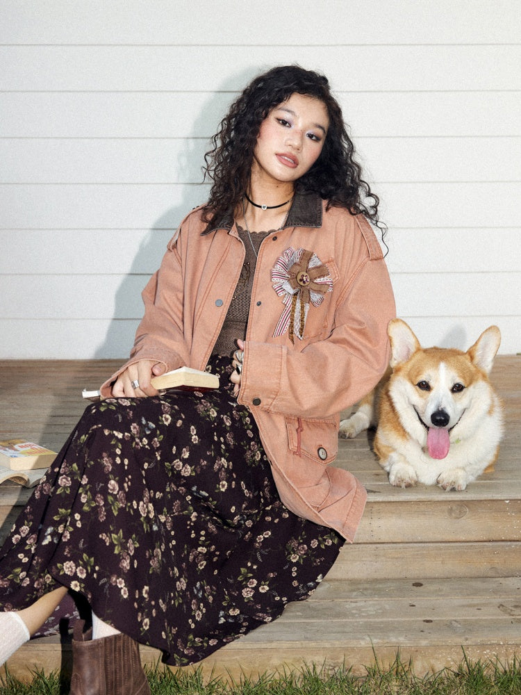 Cotton Mid-Length Loose Drop Shoulder Vintage Washed Casual Workwear Jacket【s0000018572】